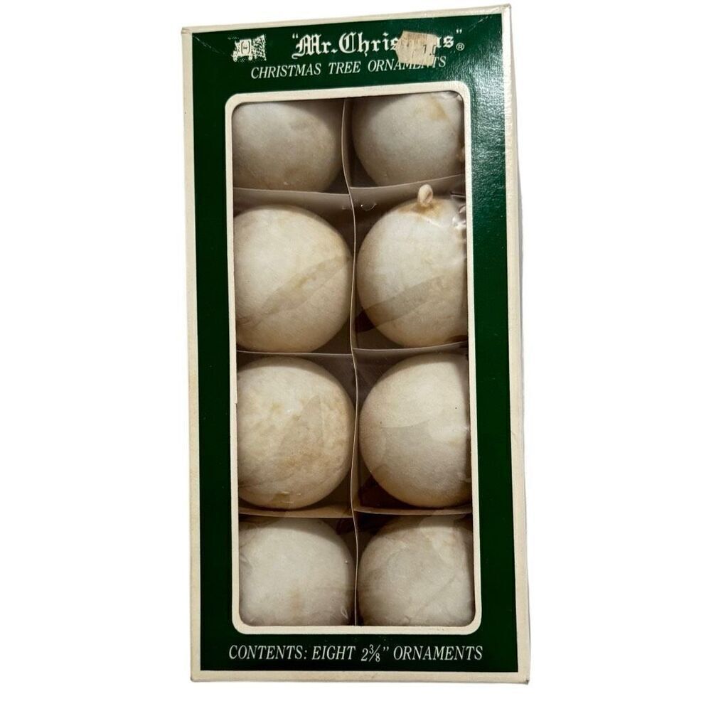 Vintage (1972) MR CHRISTMAS Flocked Ornaments Boxed white Unbreakable 2-3/8” MCM